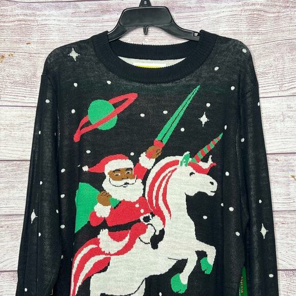 Tipsy Elves Men's Black Santa Ugly Christmas Unicorn Sword Sweater New Size XL - Picture 6 of 9